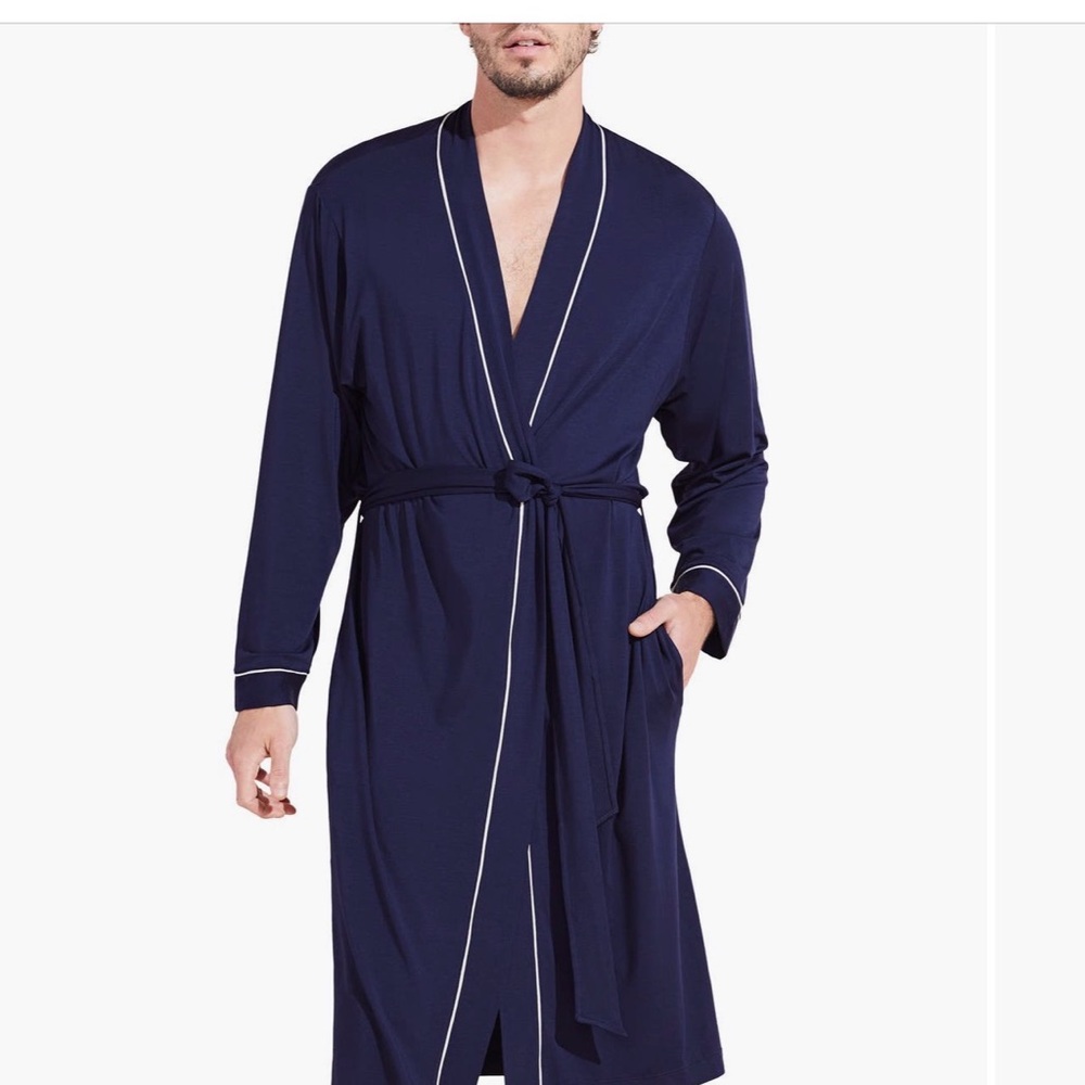 Eberjey Men's Navy Robe with White Trim